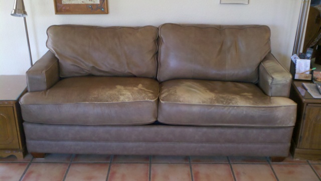 brown sofa before leather repair and and dye.